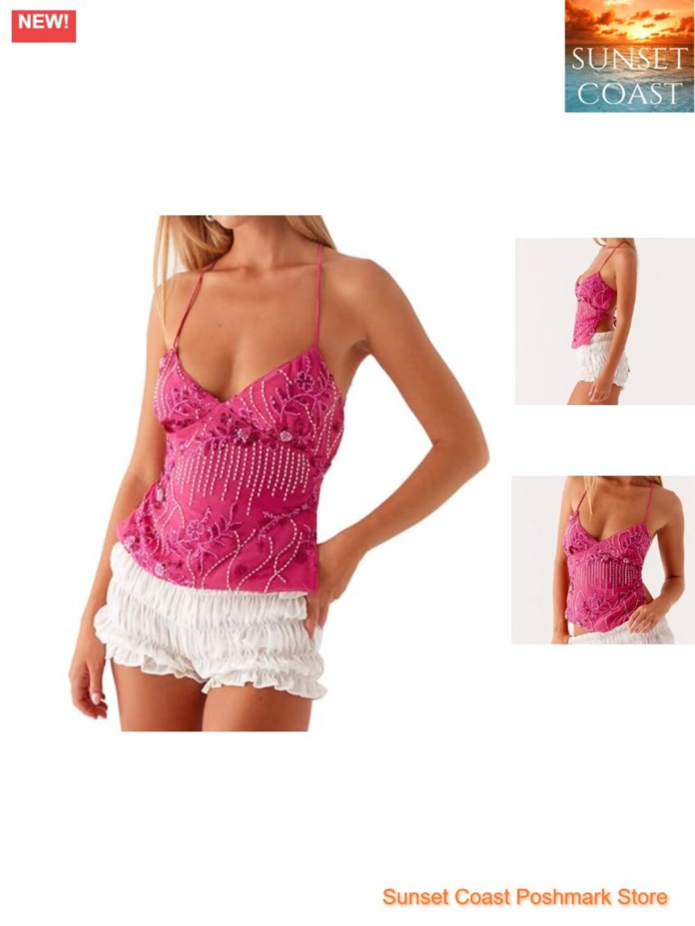 Women Sequin Beaded Cami Top V Neck Backless Criss Cross Straps Crop Tops